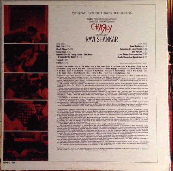 Ravi Shankar : Charly (Original Soundtrack Recording) (LP, Album, Res)