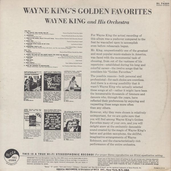 Wayne King And His Orchestra : Wayne King's Golden Favorites (LP, Comp, RE, Pin)