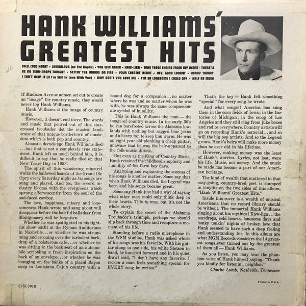 Hank Williams : Hank Williams' Greatest Hits (LP, Comp, RE)