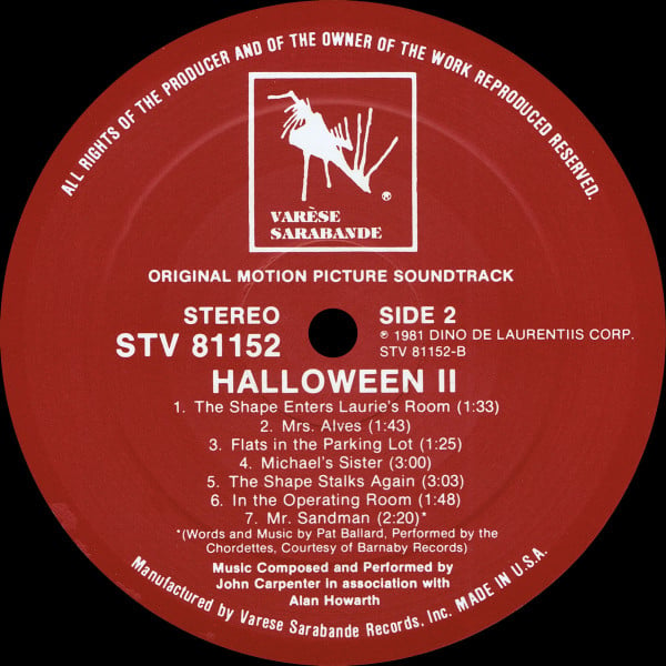 John Carpenter In Association With Alan Howarth : Halloween II (Original Motion Picture Soundtrack) (LP, Album)