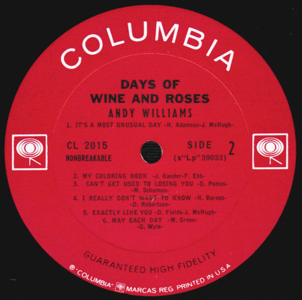 Andy Williams : Days Of Wine And Roses (LP, Album, Mono, Pit)