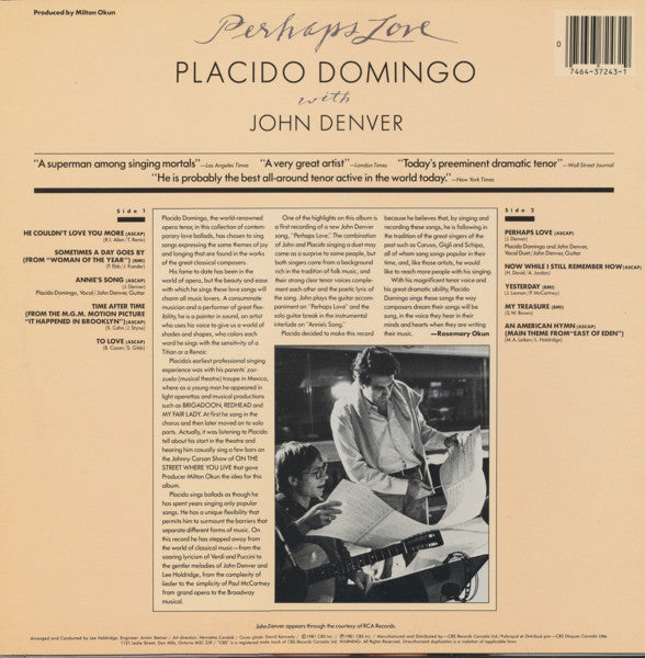 Placido Domingo With John Denver : Perhaps Love (LP, Album)