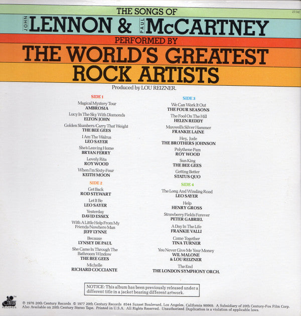 Various : The Songs Of John Lennon & Paul McCartney Performed By The World's Greatest Rock Artists (The Soundtrack From All This And World War II) (2xLP, Album, RE)