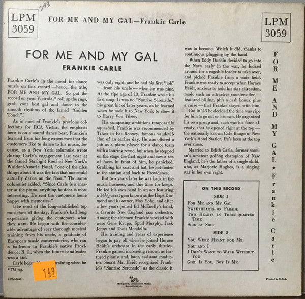 Frankie Carle : For Me And My Gal  (10", Album)