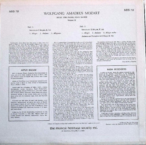 Wolfgang Amadeus Mozart  -  Nadia Reisenberg, Arthur Balsam : Music For Piano, Four Hands Volume II (LP)