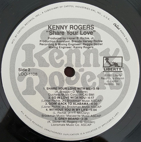 Kenny Rogers : Share Your Love (LP, Album, Jac)